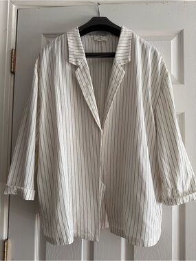 P Cill Striped Open-Front Blazer Jacket in Ivory with Thin Black Stripes